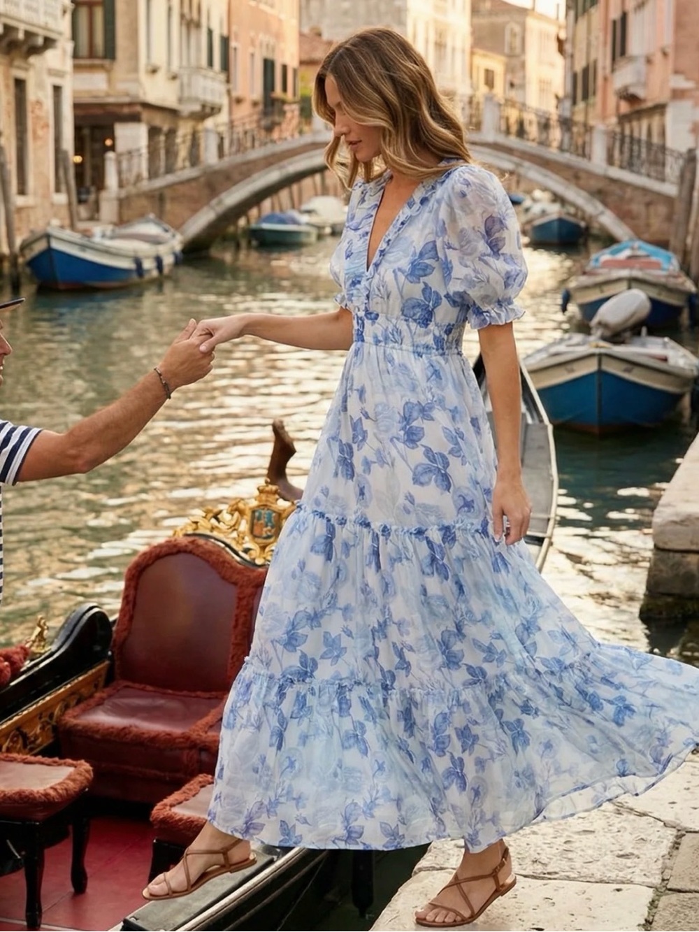 NWT Trish Scully Light Blue Floral Tiered V-Neck Maxi Dress Medium
